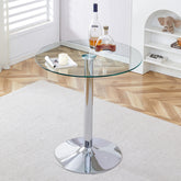 A glass tabletop with a diameter of 35 inches and a modern minimalist circular dining table with electroplated silver metal legs. Suitable for restaurants, living rooms, and conference rooms.BT-1166