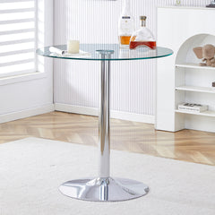 A glass tabletop with a diameter of 35 inches and a modern minimalist circular dining table with electroplated silver metal legs. Suitable for restaurants, living rooms, and conference rooms.BT-1166