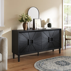 60" Premium Rustic American Farmhouse Credenza in Elegant Black - Symmetrical Sunburst Door Design, Heavy-Duty TV Stand with Adjustable Shelves, Black Wood Storage Cabinet