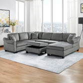 Sectional Sofa 111.8" U-shaped Sofa Chenille Upholstered Sofa Couch with Movable Storage Ottoman for Living Room, Dark Gray