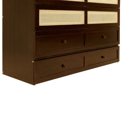 Queen Size Murphy Bed, Pine Wood Cabinet Bed with Rattan Decoration and Storage Drawer,Walnut