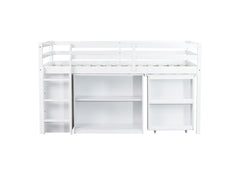 Twin Loft Bed w. stroage case ,drawers,Twin Loft Bed with ,Drawer Cabinet, Shelf Cabinet and Pulling -Out Desk,Rubber Wood Loft Bed with Safety Guardrail ,Ladder,White