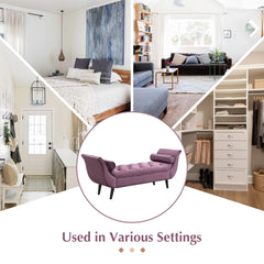 Upholstered Velvet Bench, End of Bed Bench with 2 Pillows, Upholstered Button Tufted Ottoman,Footstool with Rolled Arms, Foot Rest with Solid Wood Legs, for Entryway, Living Room ,Dining Room,Purple