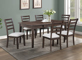 7pc Multifunctional Dining Table Rich Wood Finish Dual Ended Hidden Storage Compartments Two Built-in Side Drawers Upholstered ladder Back Chairs Wooden Dining Room Furniture