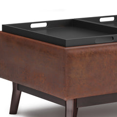 Owen 34 inch Wide Tray Top Small Coffee Table Storage Ottoman in Distressed Saddle Brown Vegan Leather