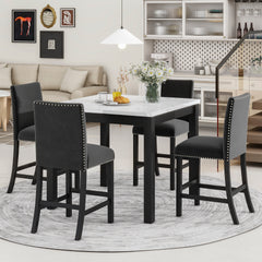 5-piece Counter Height Dining Table Set with One Faux Marble Top Dining Table and Four Velvet-Upholstered Chairs,Black