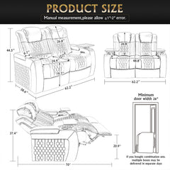 62.2"Power Recliner 2 PC Made WithTop-Grain Nappa,Fully Adjustable Relaxation,Smart Charging,Dynamic RGB LED Lighting,BLACK