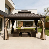 13x15FT Outdoor Gazebo, Hardtop Gazebo with Galvanized Steel Double Roof, Metal Gazebos with Drainage System Patio Pergola for Patio Deck Backyard,Curtain and Netting,Brown