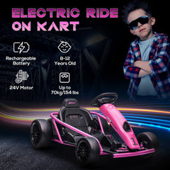 Aosom 24V 8.1 MPH Electric Go Kart, Drifting Car Battery Powered Ride on Toy Outdoor with Slow Start, Music, Horn Honking and Safety Belt, for 8-12 Years Old, Pink