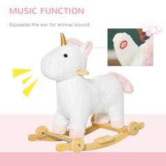 Qaba Rocking Horse, 2 in 1 Kids Ride on Horse, Rolling Unicorn Animal Rocker with Sound, Wooden Base, Pedal, Grip Handle, Plush Riding Pony for 3-6 Years Old, White