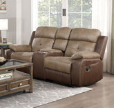 Plush Comfort Brown Microfiber Upholstered Solid Wood Frame Living Room Furniture 1pc Dual Glider Reclining Loveseat with Center Console Plush Arms