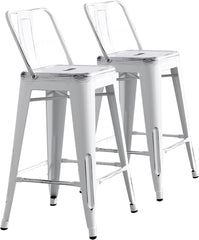 Modern Light Weight Industrial Contemporary Rustic Vintage Costal Metal Barstools with Bucket Back and 4 Leg Design, Seat Bar Stools (Set of 2) (24" Seat, Distressed White)