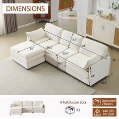 104" Plush Cloud 3 Seater Sofa: Modular 3 Seater Sofa + Ottoman with 22" Beige Chenille Cushions + 2 Throw Pillows - Compact Size for Apartment, Living Room, Bedroom (Beige)