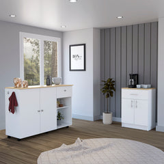 2 Piece Kitchen Set, Kitchen Island Cart + Pantry Cabinet, White / Light Oak