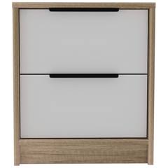 Modern Nightstand 19" H, Two Drawers, White / Light Oak