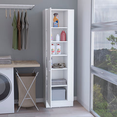 Storage Cabinet 72"H, Six Internal Shelves, One Door, Three Broom Hangers, White