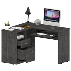 L-Shaped Desk, Keyboard Tray, Two Drawers, One Open Shelf, Smokey Oak