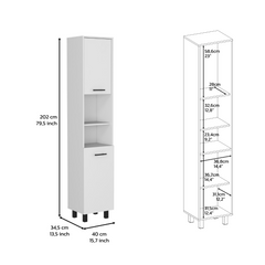Kitchen Pantry 79" H, Two Open Storage Shelves, Three Internal Shelves, Two Doors, Four Legs, White