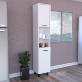 Kitchen Pantry 79" H, Two Open Storage Shelves, Three Internal Shelves, Two Doors, Four Legs, White