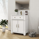 27.8" Mid-Century Bathroom Vanity Sink with Roman Column Base, Farmhouse Freestanding Bathroom Vanity Sink with Storage, High-end Restroom Vanity Cabinet with Metal Handles & Solid Wood Frame, White