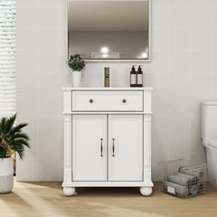 27.8" Mid-Century Bathroom Vanity Sink with Roman Column Base, Farmhouse Freestanding Bathroom Vanity Sink with Storage, High-end Restroom Vanity Cabinet with Metal Handles & Solid Wood Frame, White