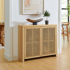 39.4" Mid Century Modern Rattan Sideboard Buffet Cabinet with 2 Outlet Holes, Coffee Bar Wine Bar Credenza, Retro Storage Cabinet for Entryway, Hallway, Living Room, Kitchen, Dining Room, Natural