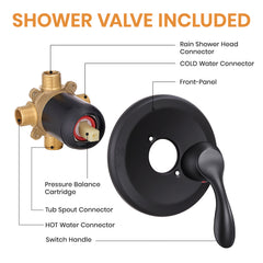 Matte Black Tub & Shower Faucet Combo with 5-Spray Rain Shower Head, Pressure Balance Valve & Diverter Spout