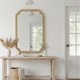 Natural Wood Color 20" x 30" Solid Wood Frame Rounded Corner Decorative Mirror, For Bedroom, Bathroom, Living Room, Entryway