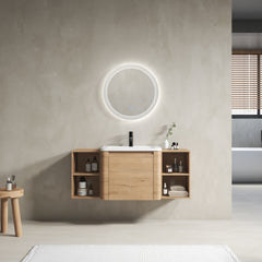48'' Wall-Mounted Bathroom Vanity with White Ceramic Sink and Storage Shelves & 1-Soft-Close Door, KD-Packing, Plywood