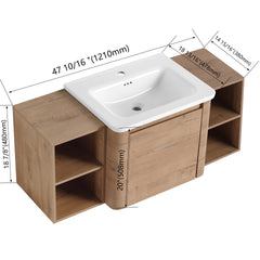 48'' Wall-Mounted Bathroom Vanity with White Ceramic Sink and Storage Shelves & 1-Soft-Close Door, KD-Packing, Plywood