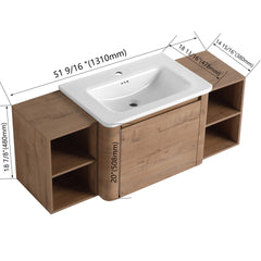 52'' Wall-Mounted Bathroom Vanity with White Ceramic Sink and Storage Shelves & 1-Soft-Close Door, KD-Packing, Plywood