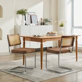 Mid Century Modern Dining Chairs Set of 2, Linen Accent Chairs with Natural Cane Back & Stainless Chrome Base, Famous Breuer Designed Chairs, Upholstered Rattan Kitchen Chairs,Coffee color,SW1851CF