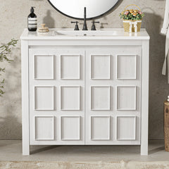36 " Bathroom Vanity Organizer with Ceramic Sink, Set Bathroom Storage Cabinet,Antique White