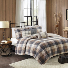 6 Piece Printed Herringbone Quilt Set with Throw Pillows Neutral Full/Queen