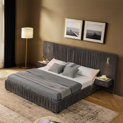 Queen Size Upholstered Bed Frame with Chenille fabric with pleated design,Grounded Queen Size Platform Bed with Headboard and Solid Frame and the bedside table.No Box Spring Needed-DARK GREY
