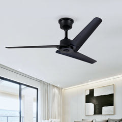 52''Flush Mount & Rod ABS 3 Blades Ceiling Fan with Remote Control No Lights, Modern Reversible DC Motor Indoor 3 Blades Ceiling Fans for Patio Bedroom Living Room-- Black