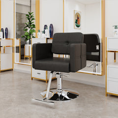 Fashionable black salon style chair with silver metal support legs - ideal for hair salons and beauty salons, adjustable and rotatable, with a single chair inside the link.