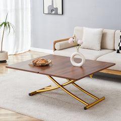 Modern minimalist multifunctional lift table with 0.8 inch thick MDF desktop and golden metal legs,can be used as a dressing table, coffee table, dining table, and office table.Walnut textured desktop