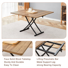 Modern minimalist multifunctional lift table with 0.8 inch thick MDF desktop and black metal legs, can be used as a dressing table, coffee table, dining table, and office table.Wood textured desktop.