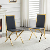 2-pack gold metal framed black PU dining chairs: ergonomic design, a simple and luxurious choice.Featuring uniquely designed gold metal legs.