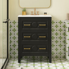 24'' Bathroom Vanity with Ceramic Sink Combo, Free Standing Single Vanity Set with 3 Drawers, Solid Wood Frame Bathroom Storage Cabinet