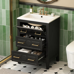 24'' Bathroom Vanity with Ceramic Sink Combo, Free Standing Single Vanity Set with 3 Drawers, Solid Wood Frame Bathroom Storage Cabinet