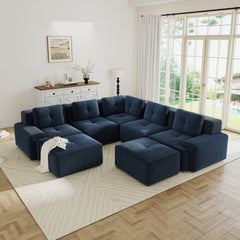 Modular Sectional Sofa with 5-Seater,V Shaped Corner Couch,Corduroy Fabric,2 Movable Ottomans, Deep Seat for Living Room, Pearl-like piping, Tufted Design, No Assembly, Anti-slip Design,Blue