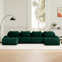 146" Modern U-Shaped Modular Sectional Sofa for Living Room,Flannelette Fabric,Oversized 4-Seater Couch,Deep Seat,Boneless sofa,Movable Ottoman,Buckle connection,Anti-slip Design,No Assembly,Green