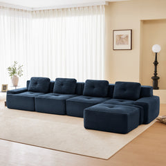 153" Modern L-Shaped Modular Sectional Sofa for Living Room, Corduroy Fabric, 4-Seater Couch with Deep Seat and Movable Ottoman, Pearl-like piping, Tufted Design, No Assembly, Anti-slip Design,Blue