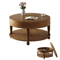 Coffee Table with Dual Storage for Living Room, 31.5" Modern Round Coffee Table with Storage and Hidden Compartment, Adjustable Leveling Feet, Easy Assembly (Walnut)