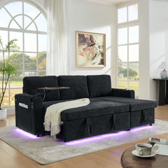 Modern Chenille Multi-functional Pull-Out Bed Sofa with Retractable Table and LED Lighting, USB Charging Ports and Cup Holders, Black