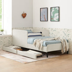 Twin Size Upholstered Platform Bed Frame with 2 Storage Drawers, Adjustable Velvet Sofa Bed, Beige