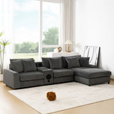 112*64'' Corduroy Sectional Sofa with Bluetooth Speakers,L-Shaped Couch with Console,USB Charger,Cup Holders,Storage,Ottoman,Deep and Wide Seat Cloud Sofa for Living Room&Apartment,2 Colors