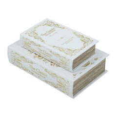 Set of 2 Decorative Book Boxes with White and Gold Floral Motifs and Text, L: 7x3x10.5" S: 5x2x8.3"